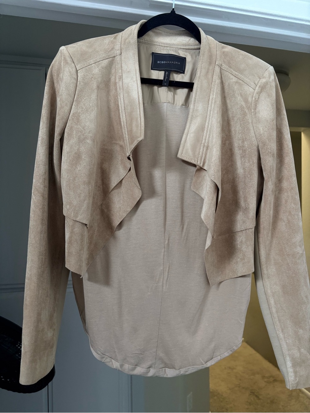 BCBGMaxAzria Beige/Tan Suede Draped Open-Front Jacket